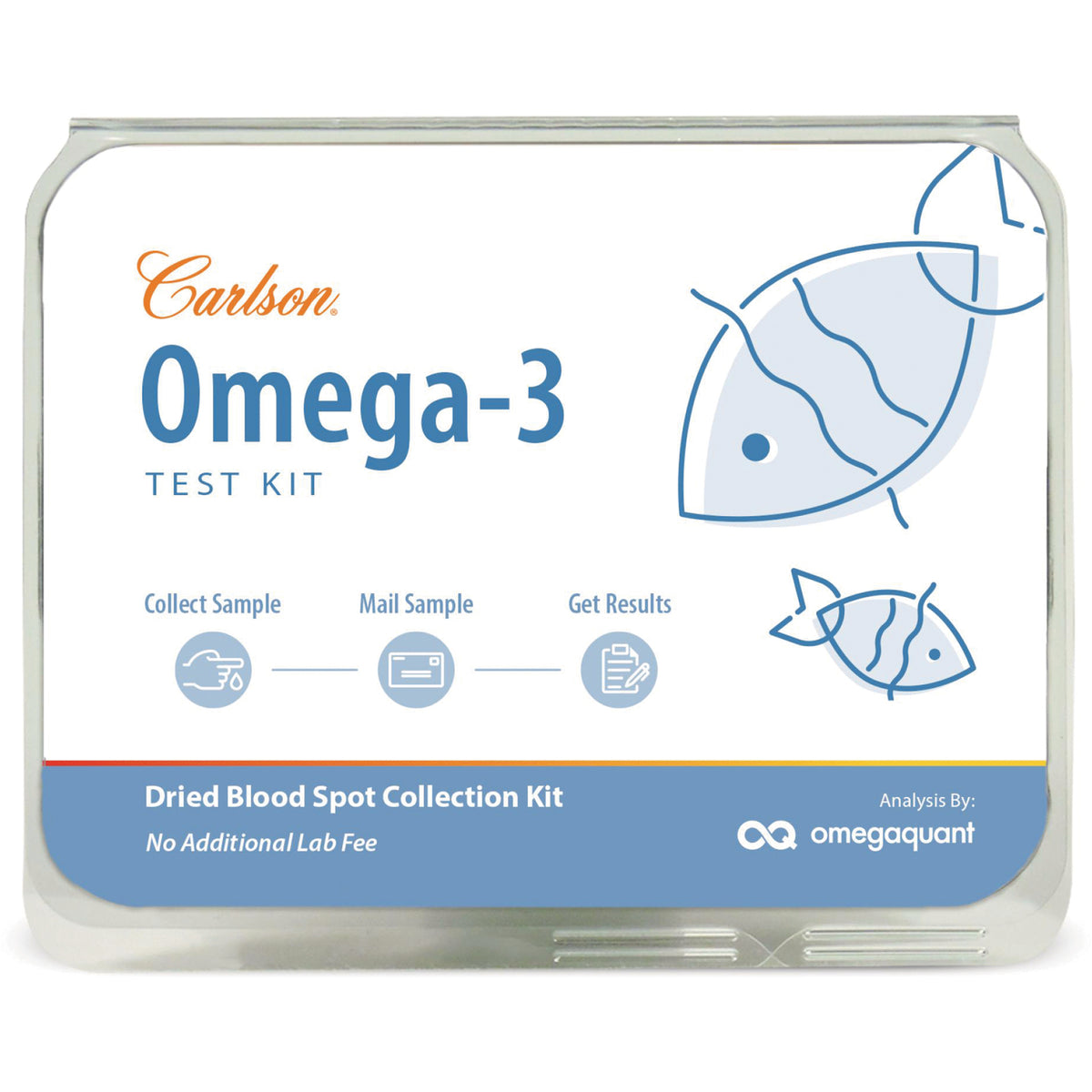 CSN285 | Carlson Omega-3 test kit front packaging showing fish graphics and steps Collect Sample Mail Sample Get Results