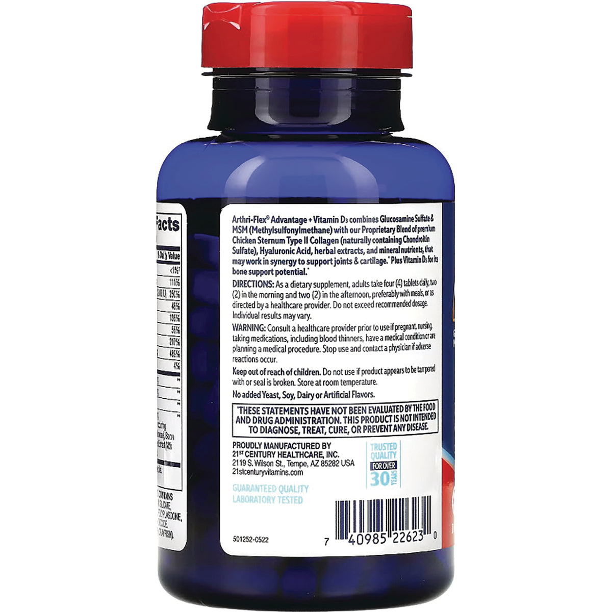 CNT011 | back label of blue supplement bottle showing directions, warnings, ingredient panel and barcode