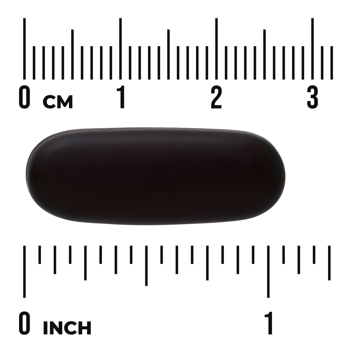 SW490 | black oblong softgel capsule on measurement scale with centimeter and inch markings