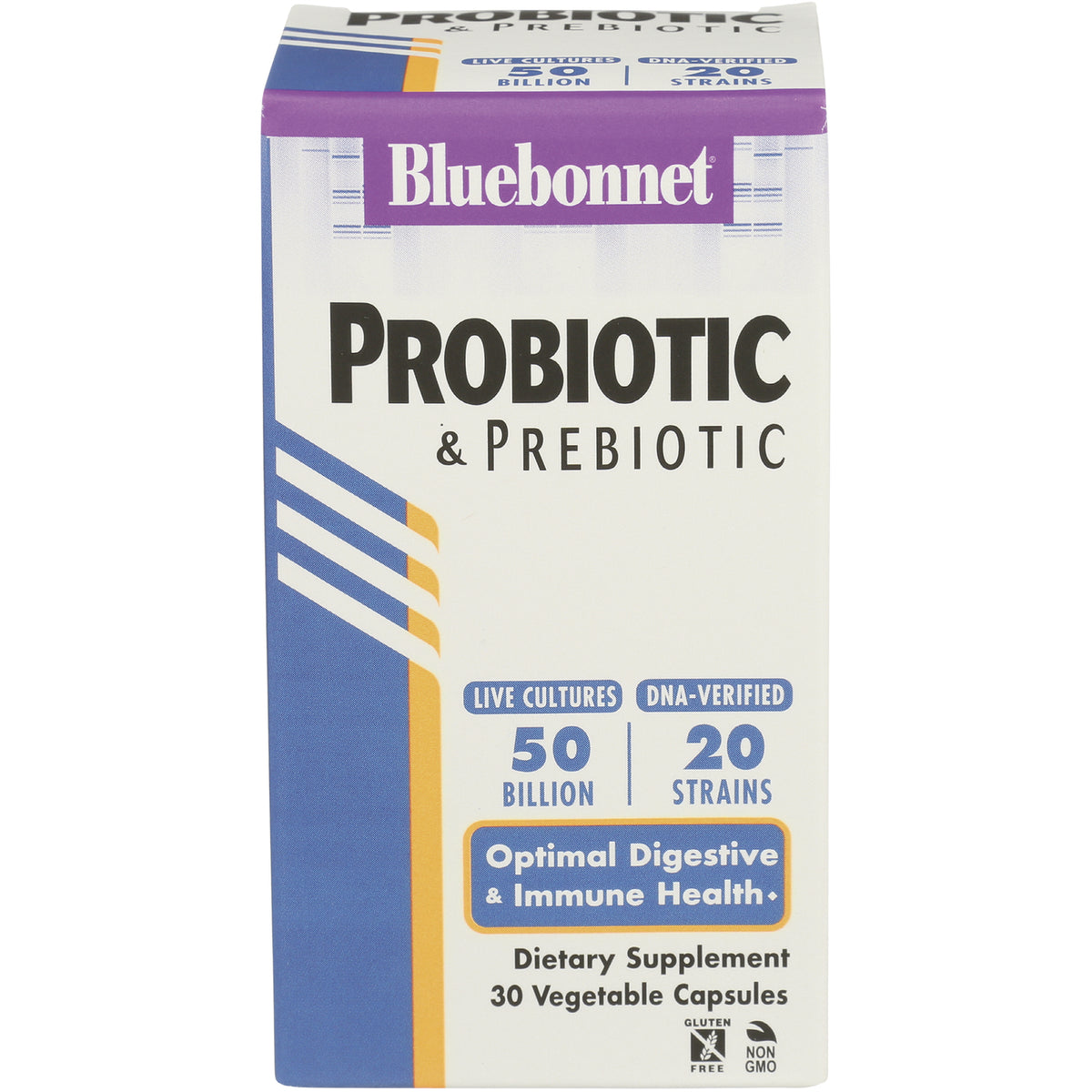 BLU148 | Bluebonnet probiotic & prebiotic box, 50 billion, 20 strains, Optimal Digestive & Immune Health, 30 vegetable capsules