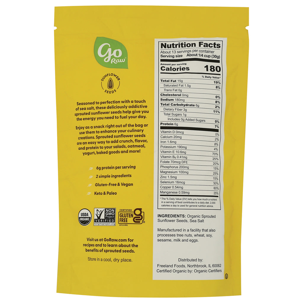 GOR003 | Back of yellow Go Raw sunflower seeds pouch showing nutrition facts panel and ingredients - Thumbnail