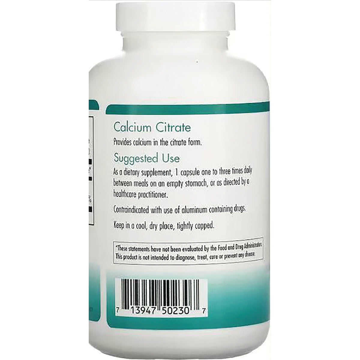 NCL017 | back label of white supplement bottle reading Calcium Citrate with suggested use instructions and barcode