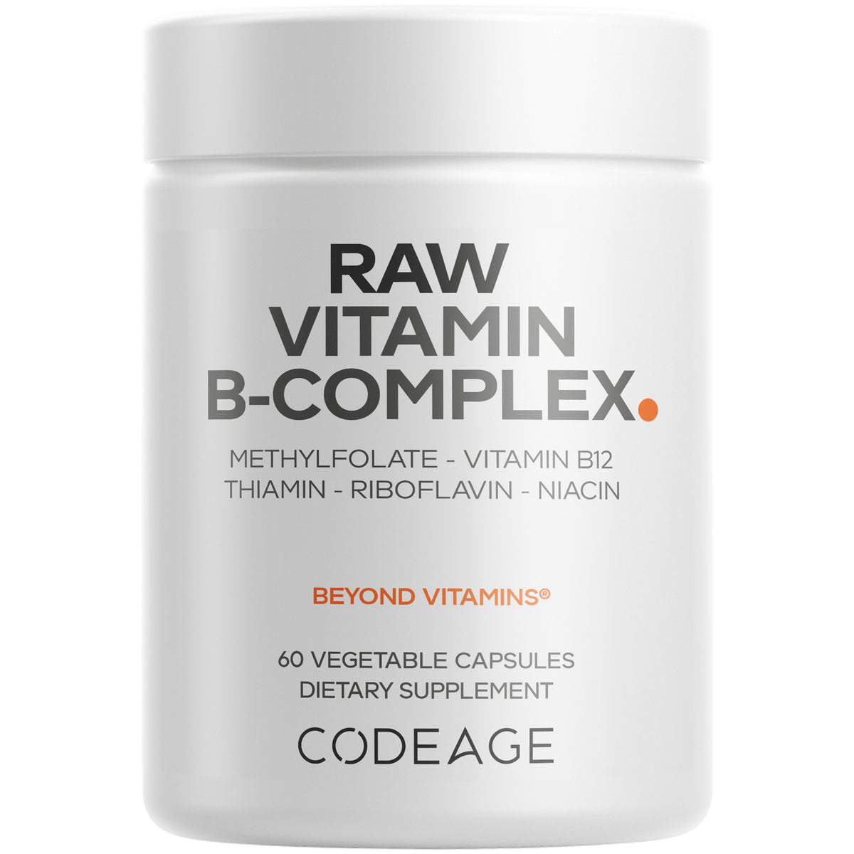 CDG068 | White bottle labeled RAW VITAMIN B-COMPLEX, 60 vegetable capsules dietary supplement, CODEAGE