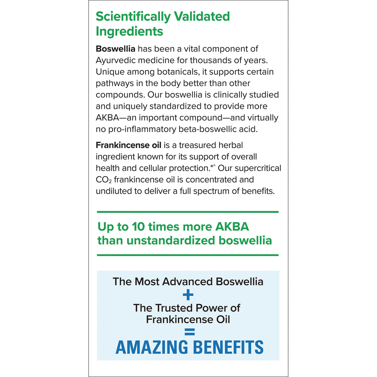 EUR039 | back panel showing scientifically validated ingredients, AKBA claim and infographic stating AMAZING BENEFITS