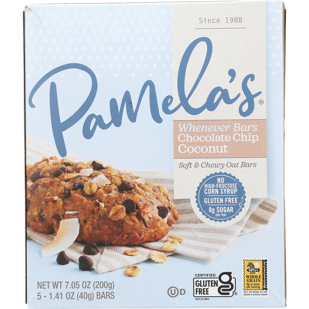 PAM012 | Pamela's Whenever Bars Chocolate Chip Coconut front box showing oat bar and gluten free badge