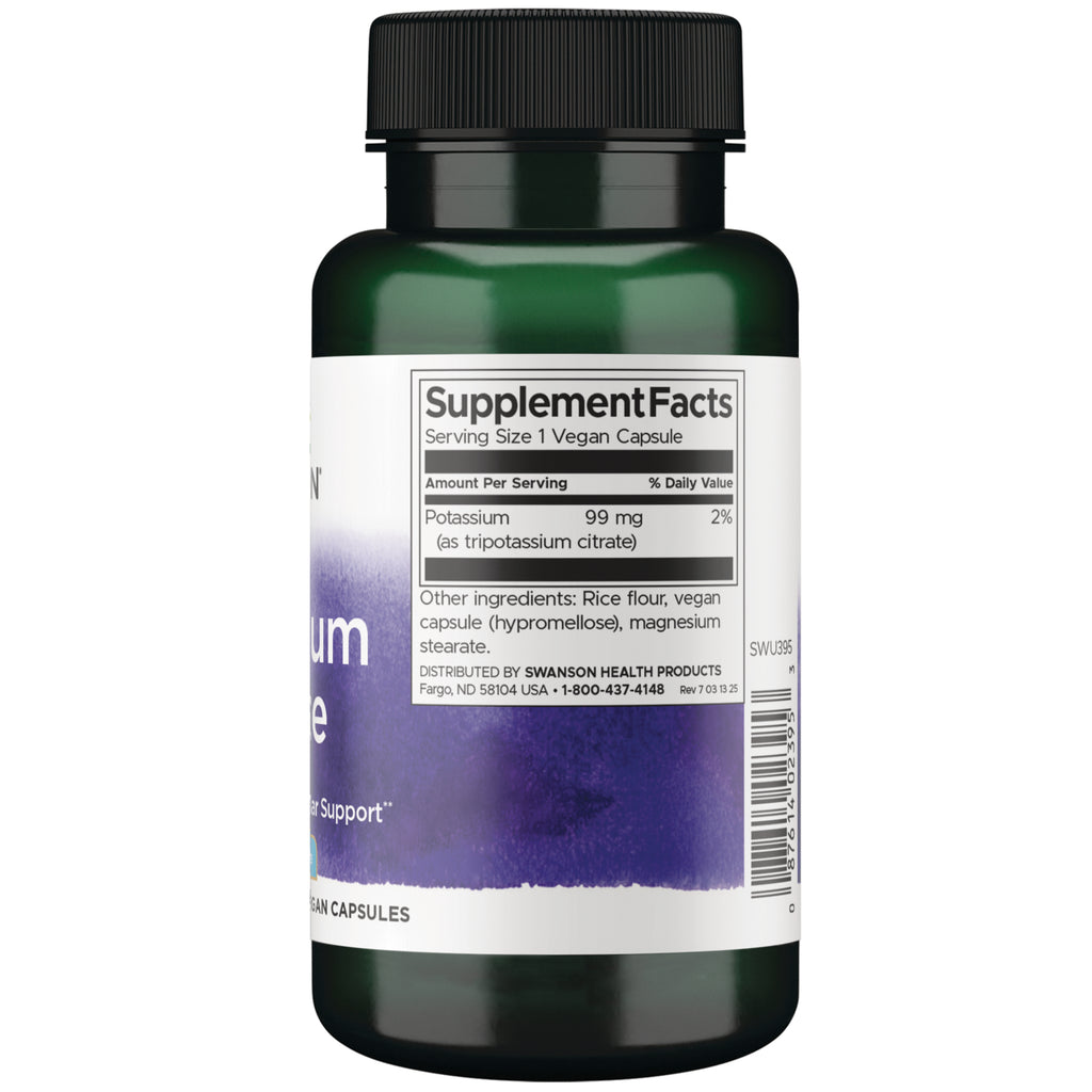 SWU395 | Back label Supplement Facts: Serving Size 1 vegan capsule; Potassium 99 mg (as tripotassium citrate) - Thumbnail