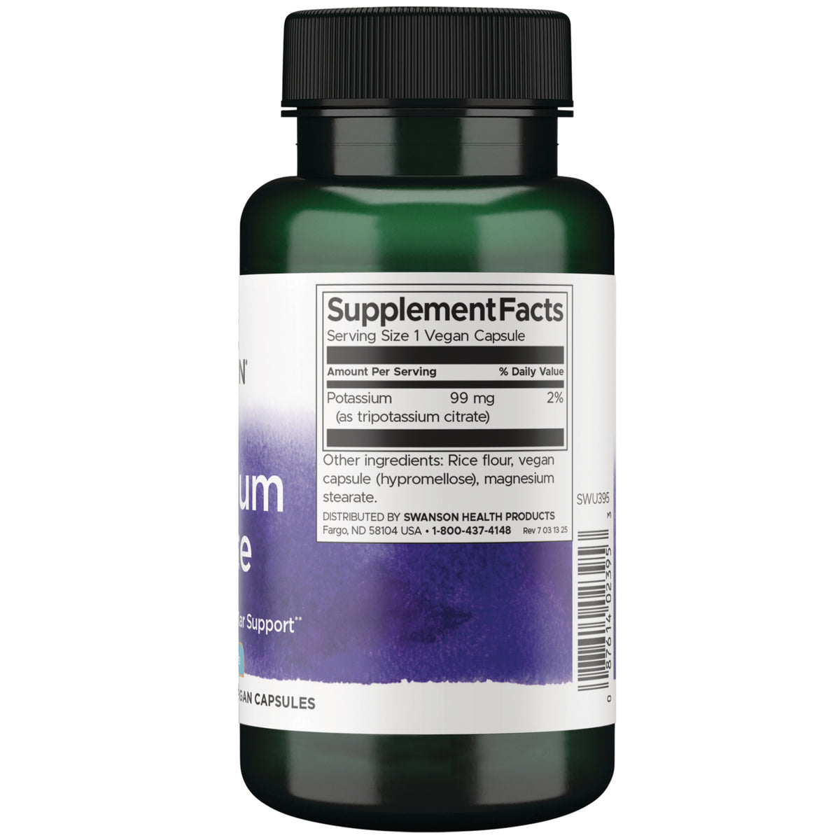 SWU395 | Back label Supplement Facts: Serving Size 1 vegan capsule; Potassium 99 mg (as tripotassium citrate)