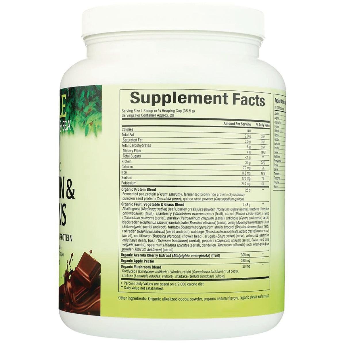 NFC199 | back label showing supplement facts panel and ingredient list on green protein powder container