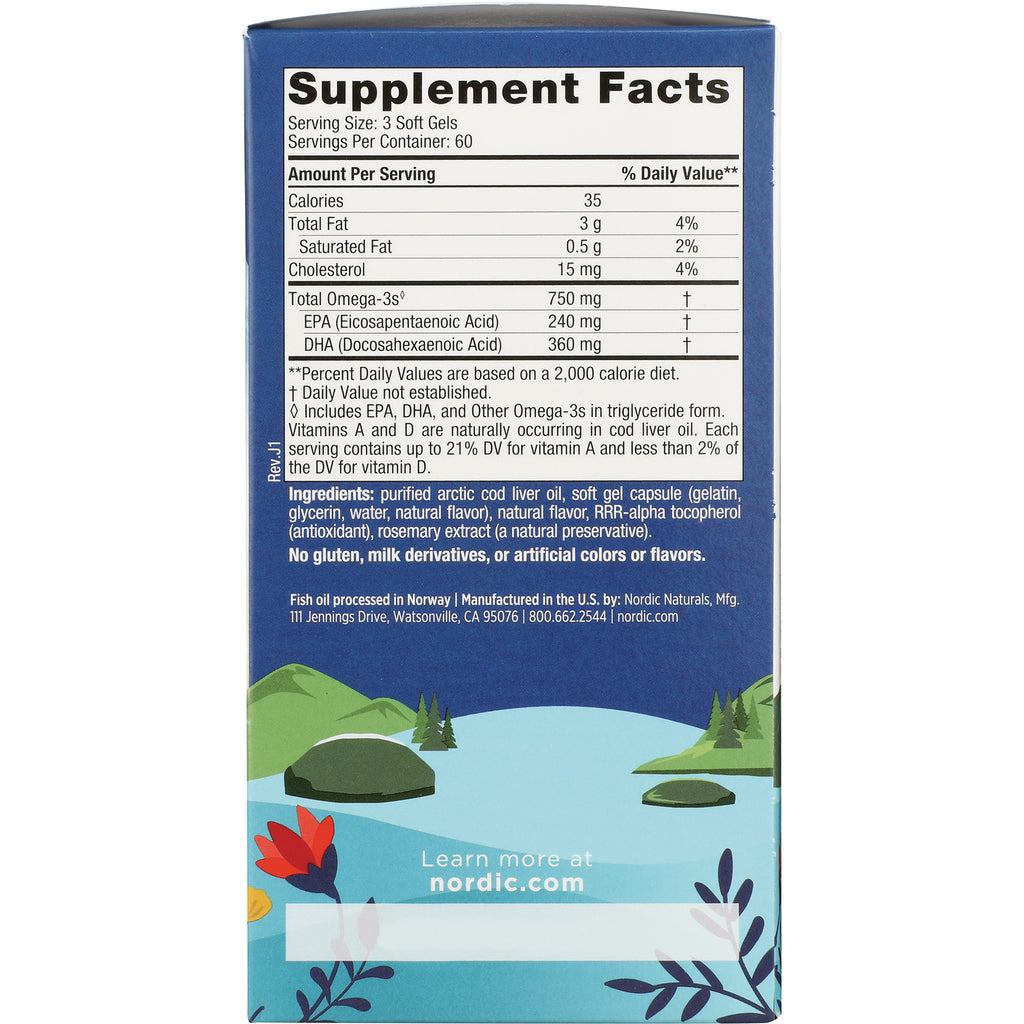 NRN020 | back panel showing Supplement Facts, ingredient list, and company info for cod liver oil soft gels - Thumbnail