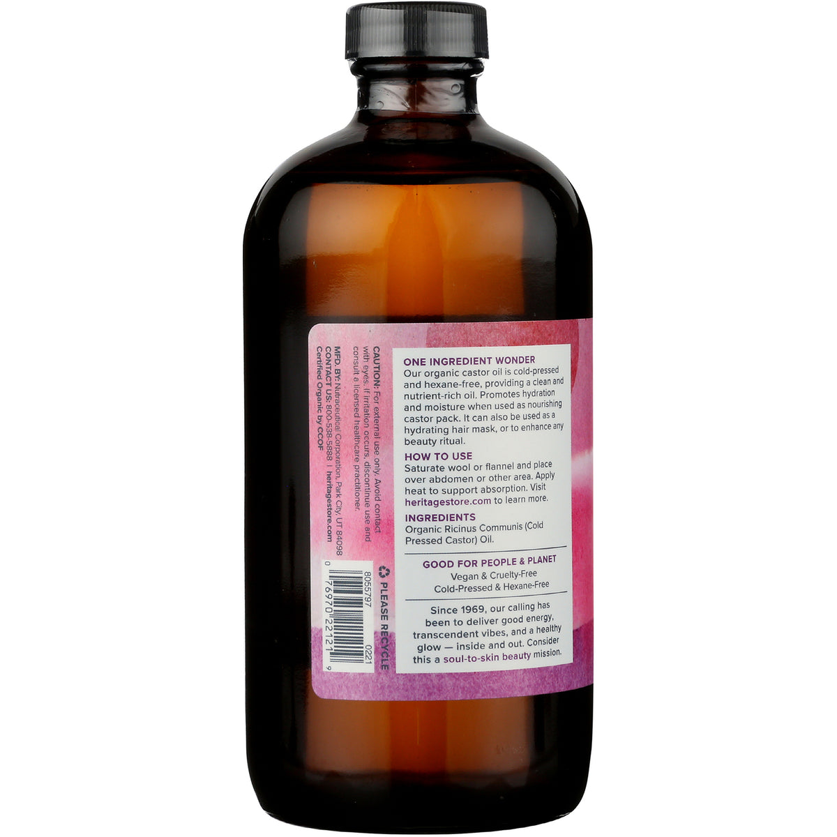 HTG011 | amber glass bottle back label showing ingredients, usage directions, barcode and pink design