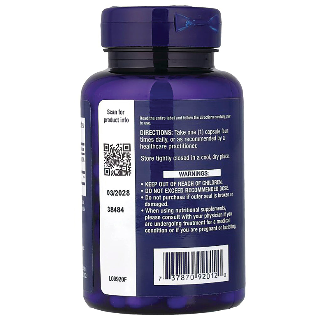 LE320 | Back label of a purple supplement bottle with directions, warnings, QR code, and barcode - Thumbnail