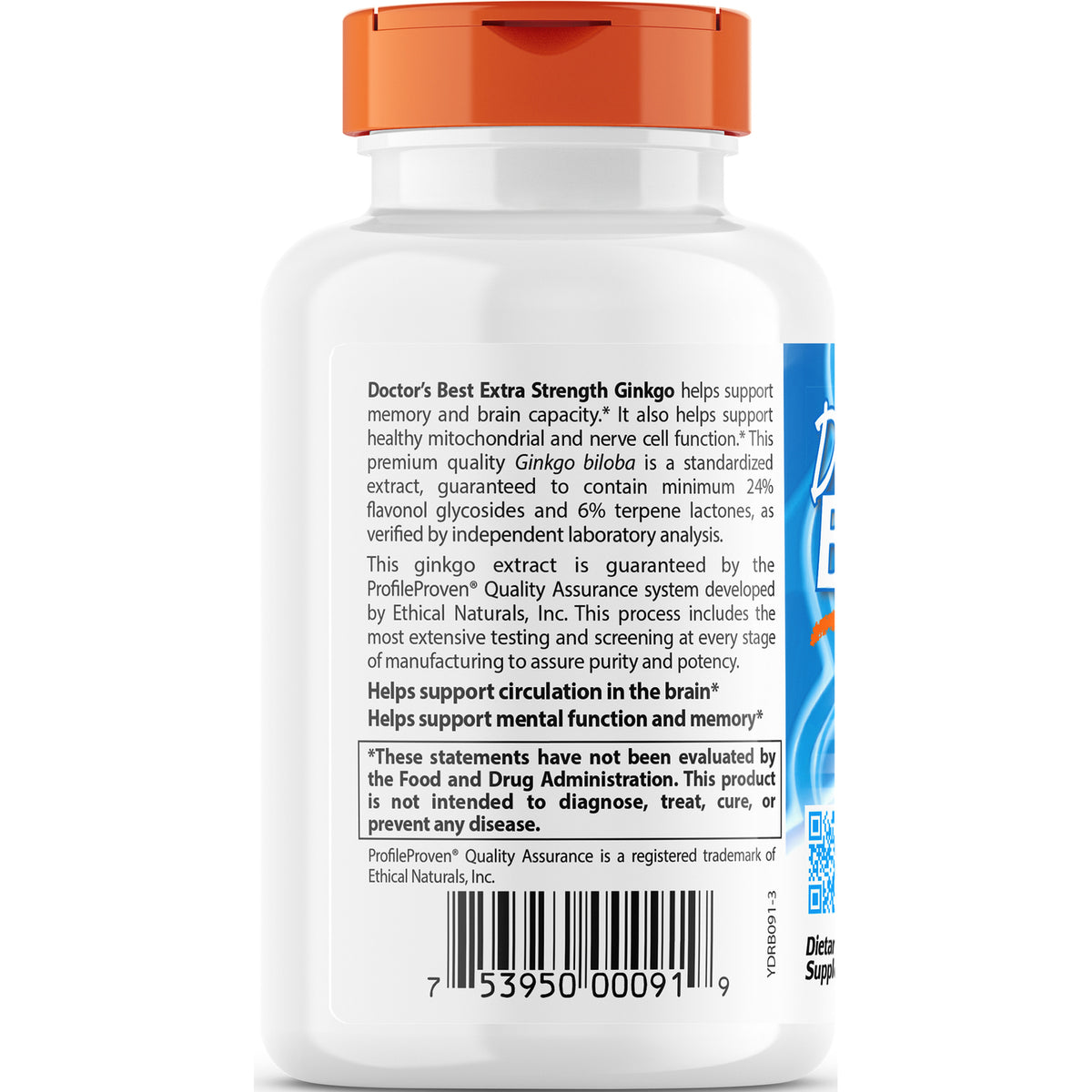 DB108 | back label of white supplement bottle showing product description, FDA disclaimer and barcode