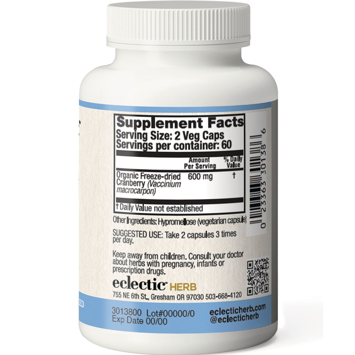 EC025 | back label of white supplement bottle showing Supplement Facts panel, barcode, suggested use and eclectic HERB branding