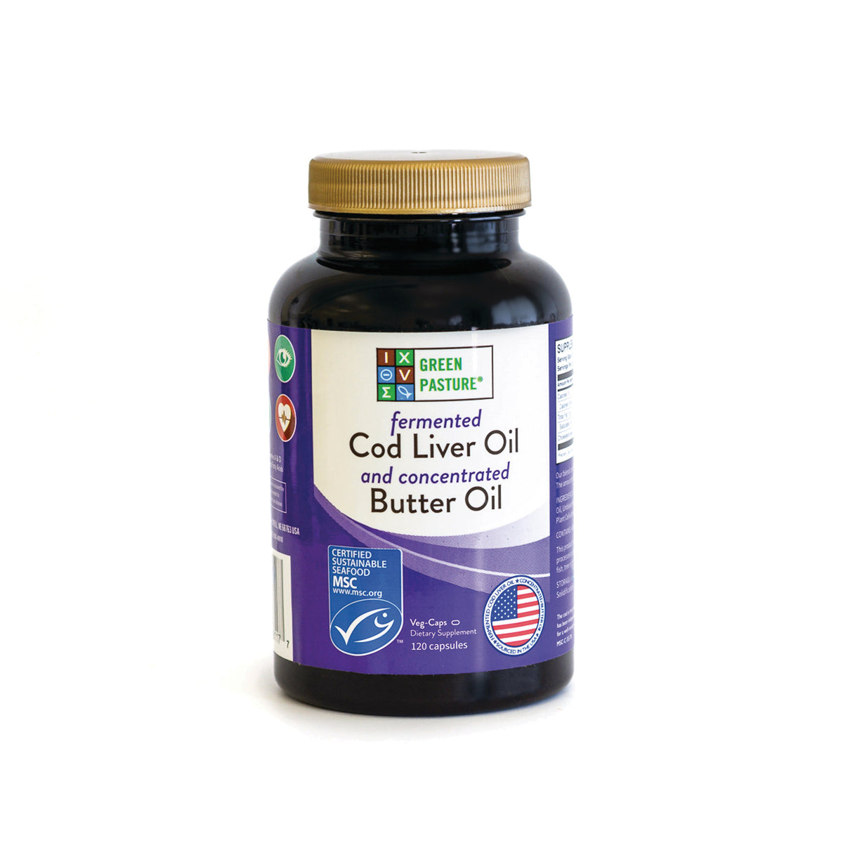 GRP015 | Green Pasture fermented Cod Liver Oil and concentrated Butter Oil supplement bottle front label