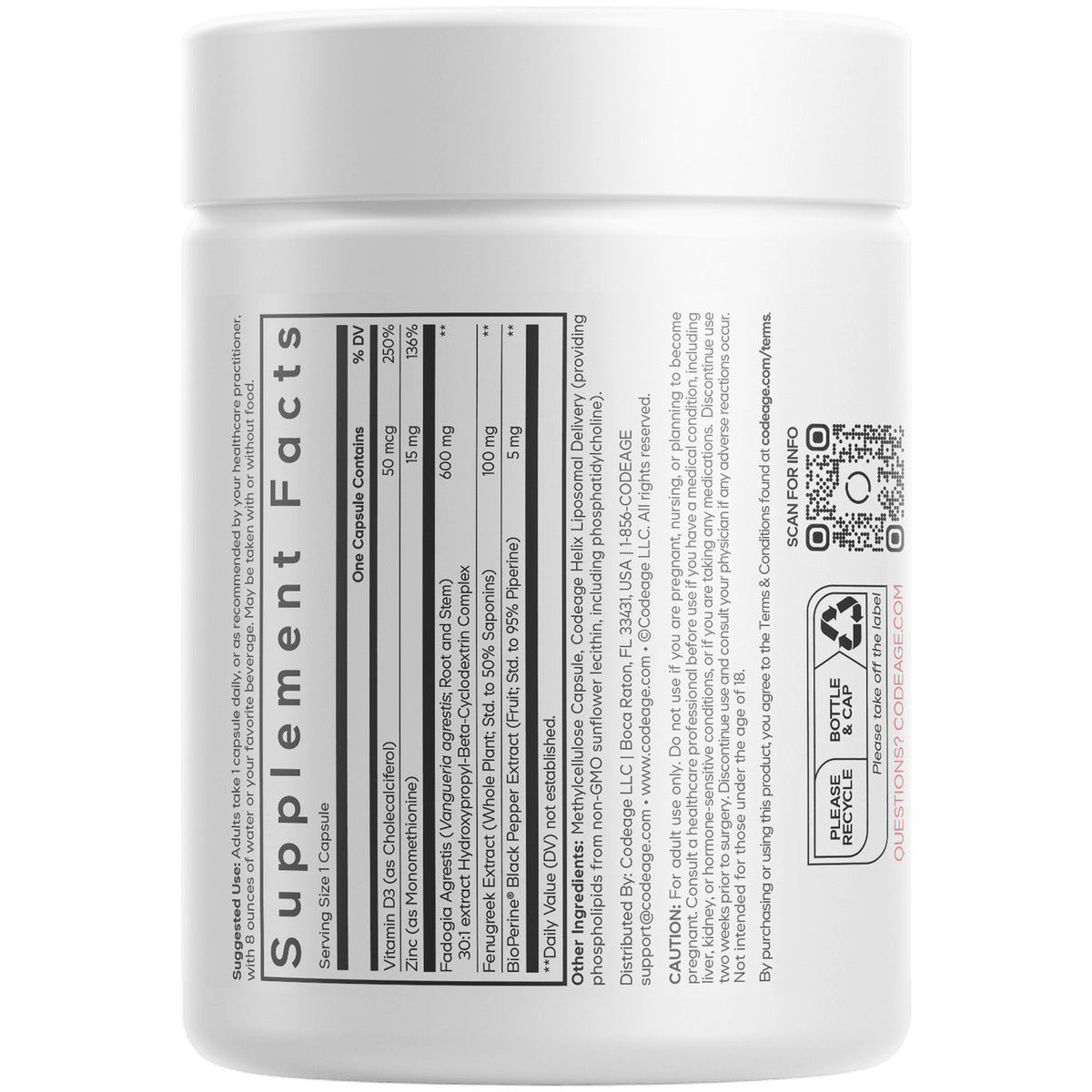 CDG057 | back label showing supplement facts panel, ingredient list, warnings and QR code on white bottle