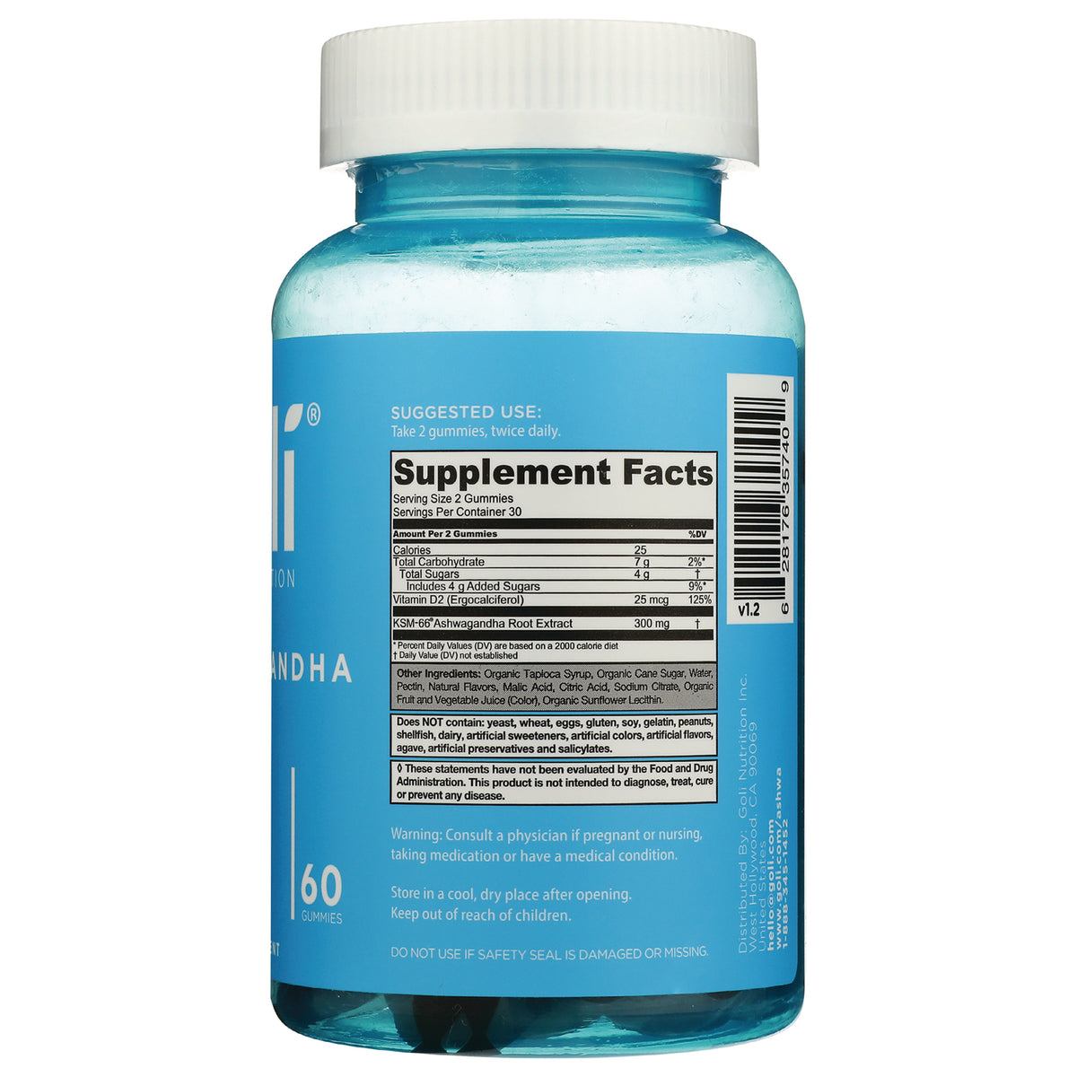 GOL003 | Back of blue gummy bottle showing Supplement Facts panel, ingredient text, and barcode