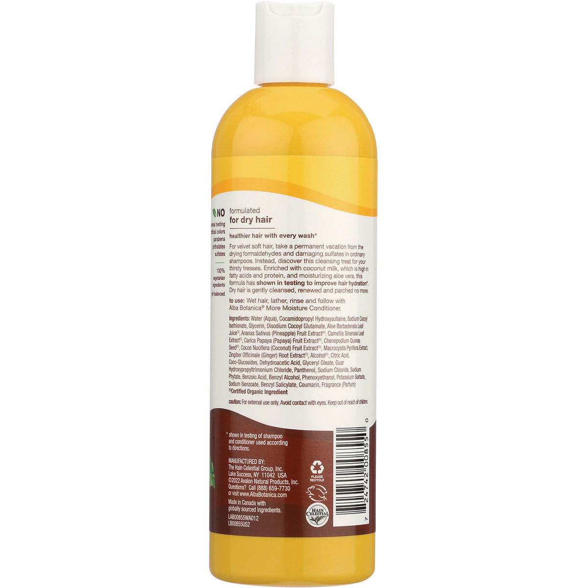 ABA035 | Back label of Alba Botanica More Moisture Conditioner, formulated for dry hair, with ingredients and directions