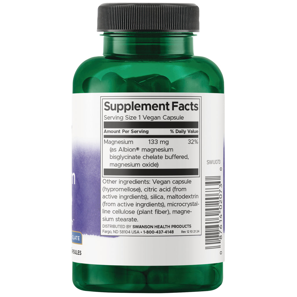 SWU074 | Supplement Facts panel: Magnesium 133 mg per vegan capsule, 32% daily value - Thumbnail