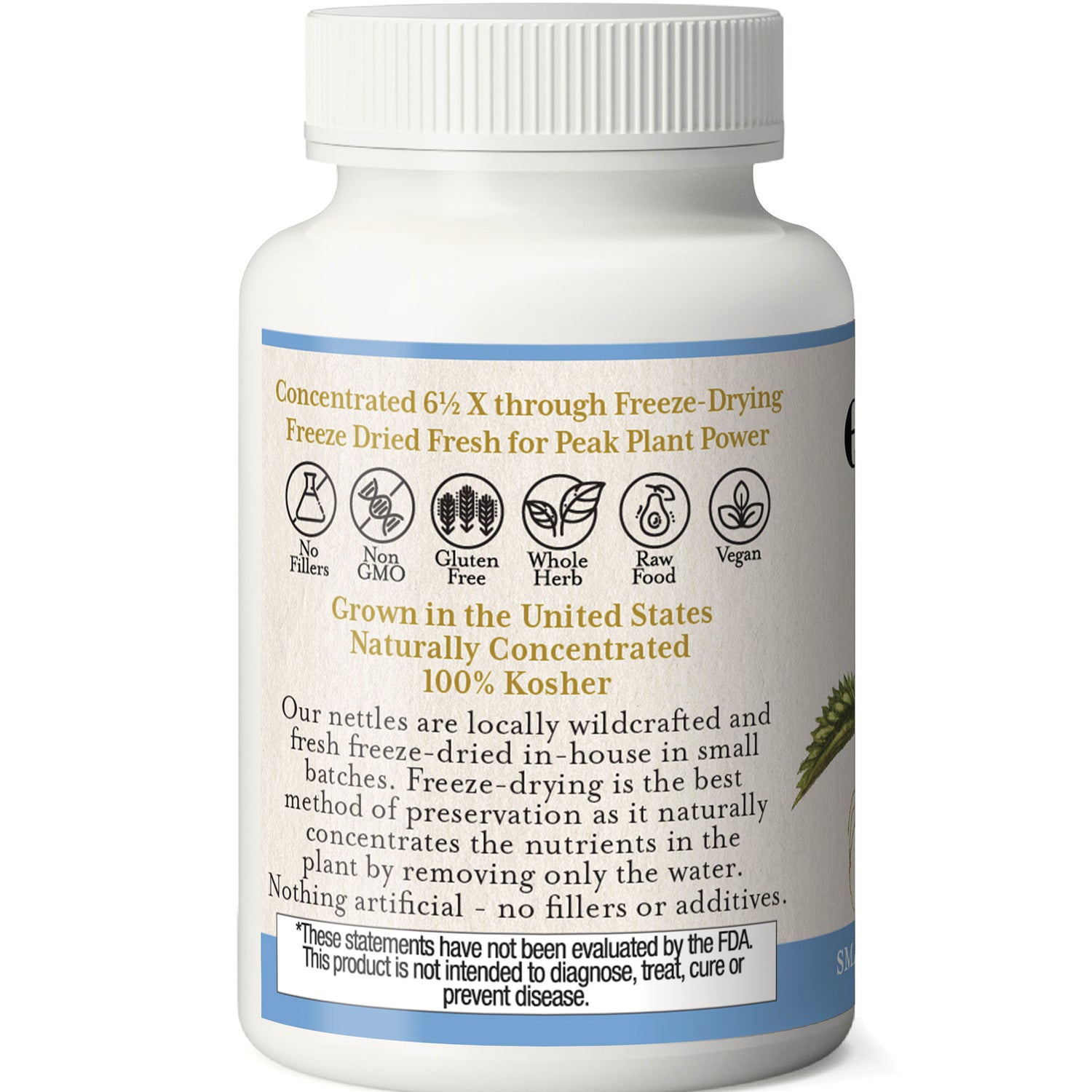 White supplement bottle back label with freeze-dried and 100% Kosher claims, icons for non-GMO and gluten-free, and a product disclaimer