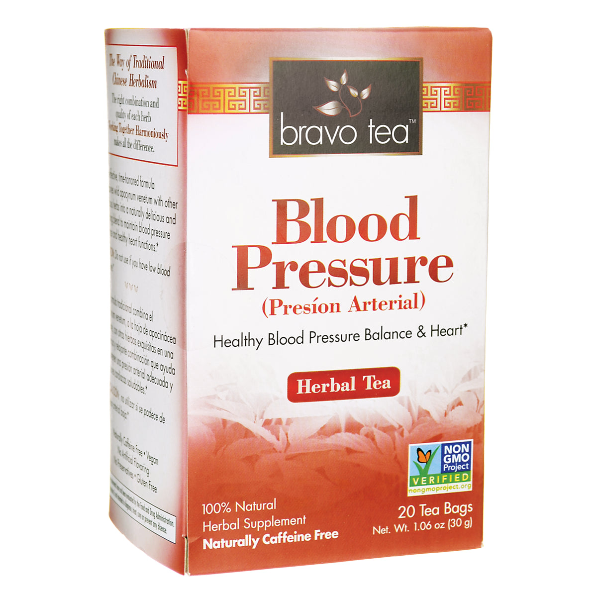 BVT001 | Bravo Tea Blood Pressure herbal tea box front showing Blood Pressure (Presin Arterial), Non-GMO label, 20 tea bags