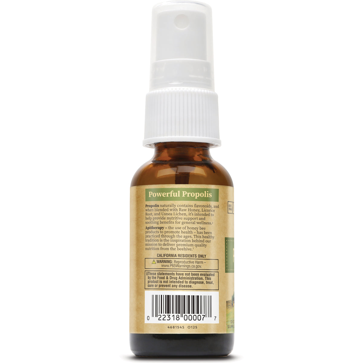 HGR003 | Back label of brown spray bottle reading Powerful Propolis with barcode and warning text