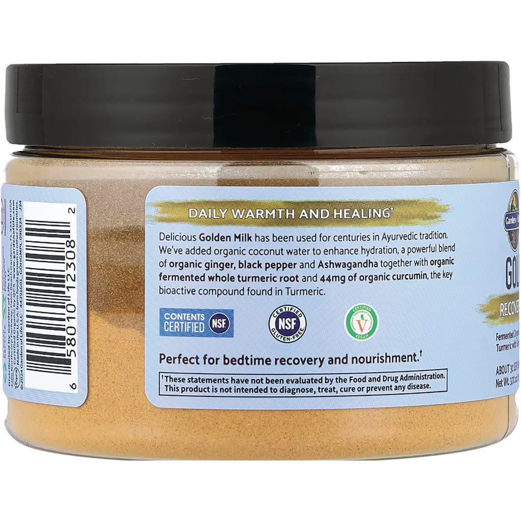 GLF258 | Back label of golden milk powder jar reading Daily Warmth and Healing with usage text, certification icons and barcode - Thumbnail
