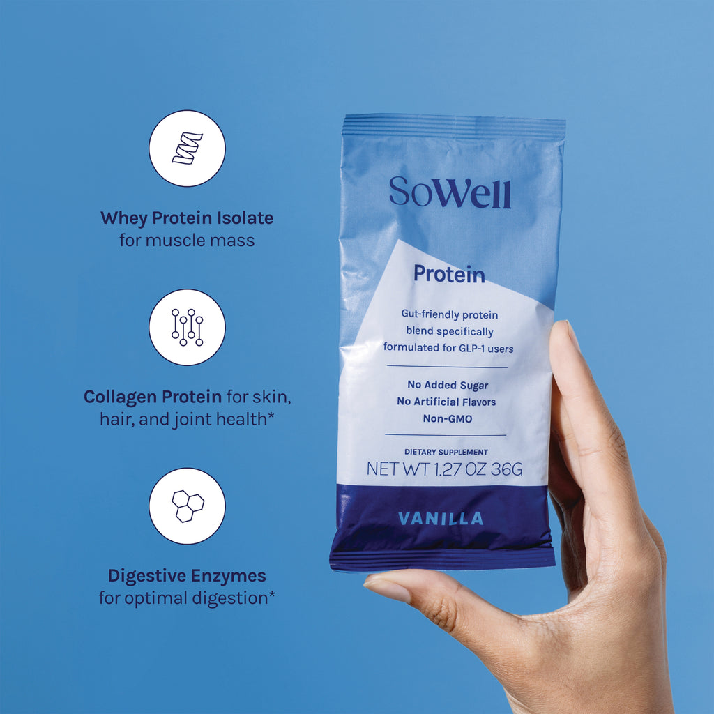 SOW002 | SoWell Protein Vanilla packet held in hand with callouts: Whey Protein Isolate, Collagen Protein, Digestive Enzymes - Thumbnail