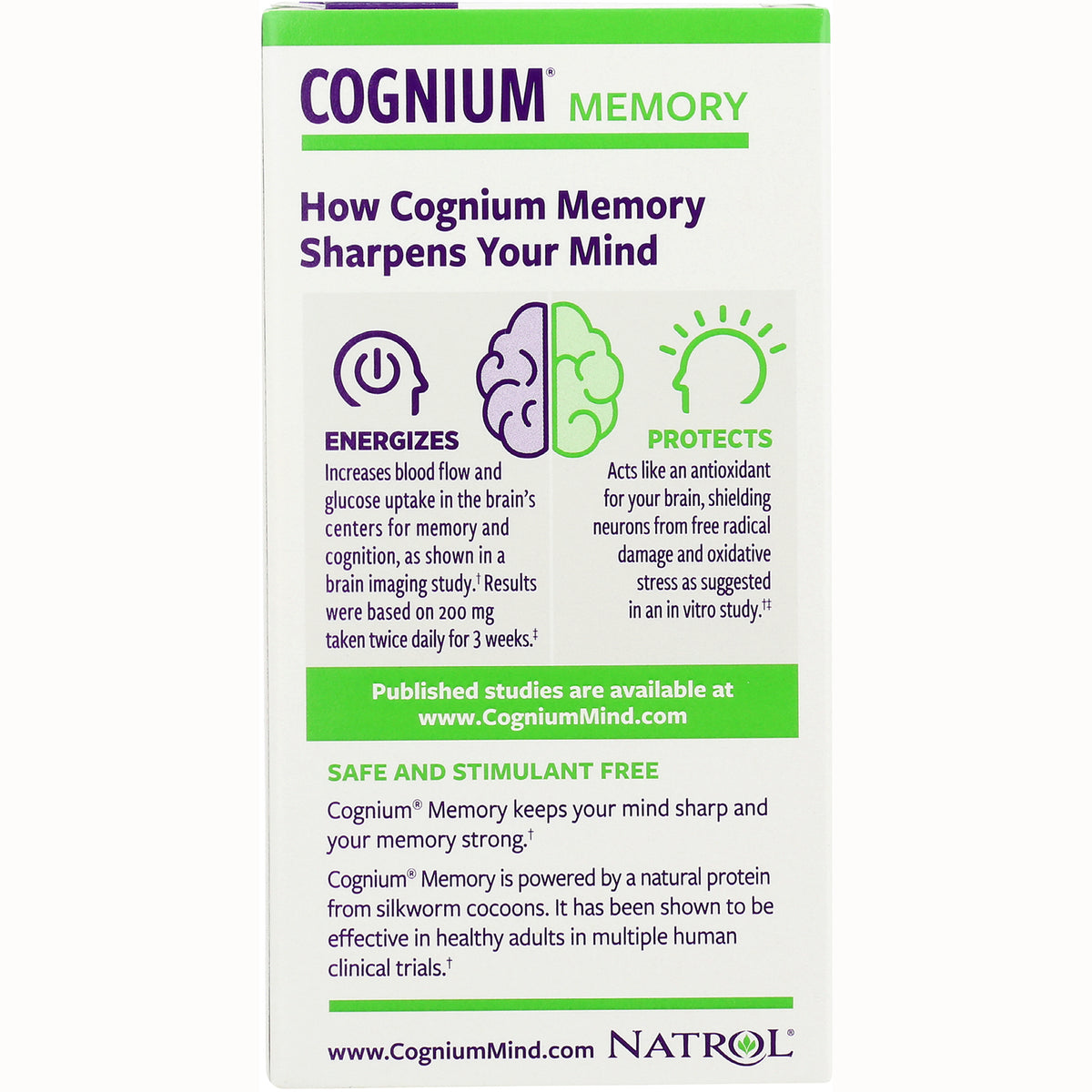 NA606 | Cognium Memory product infographic showing energizes and protects benefits with brain icons and usage claims