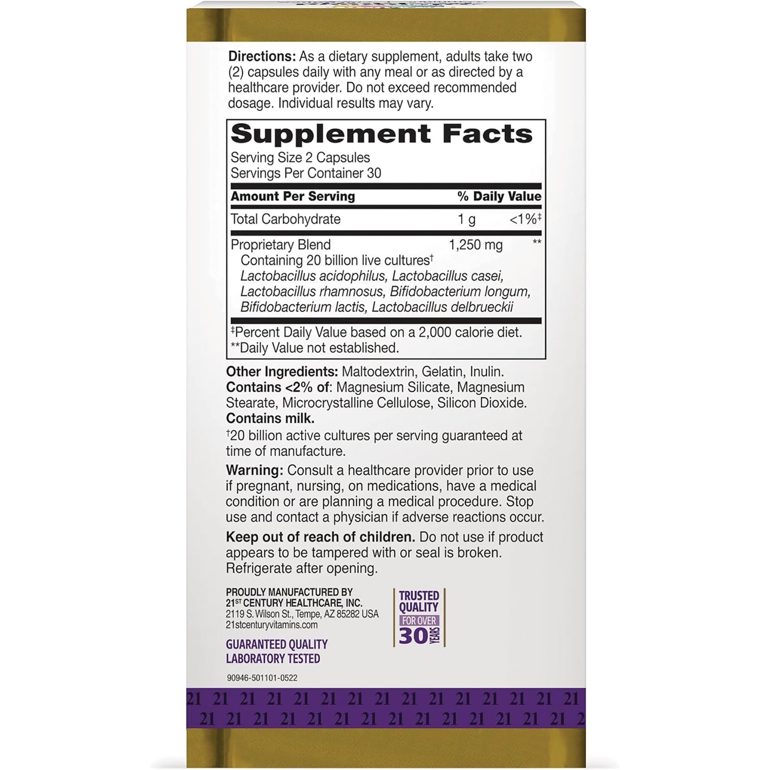 Supplement Facts label on product back showing serving size, proprietary blend, other ingredients and warnings