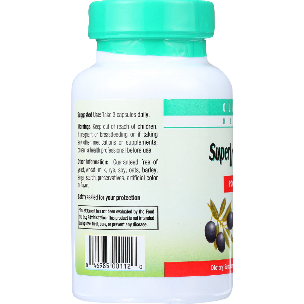QU036 | Back label of supplement bottle showing Suggested Use Take 3 capsules daily, warnings, and barcode