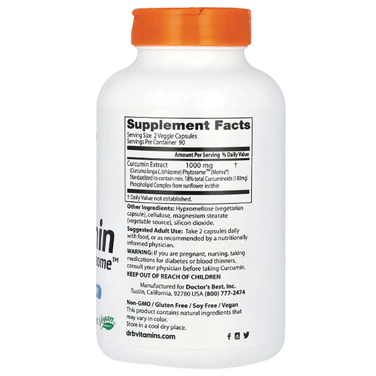 Back label of white supplement bottle showing Supplement Facts panel stating Curcumin Extract 1000 mg and ingredient text