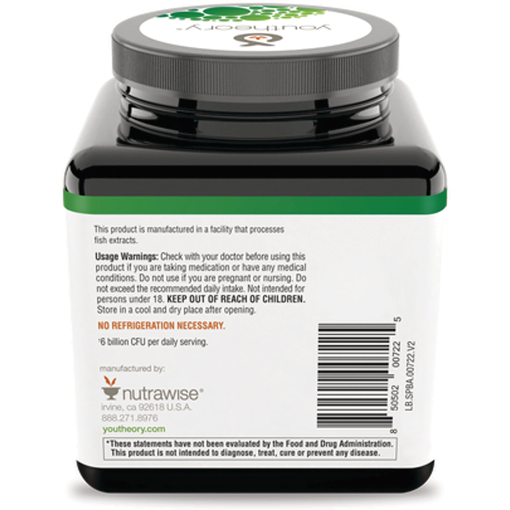 YOU018 | Back of Youtheory bottle with usage warnings, barcode, and text: No refrigeration necessary - Thumbnail