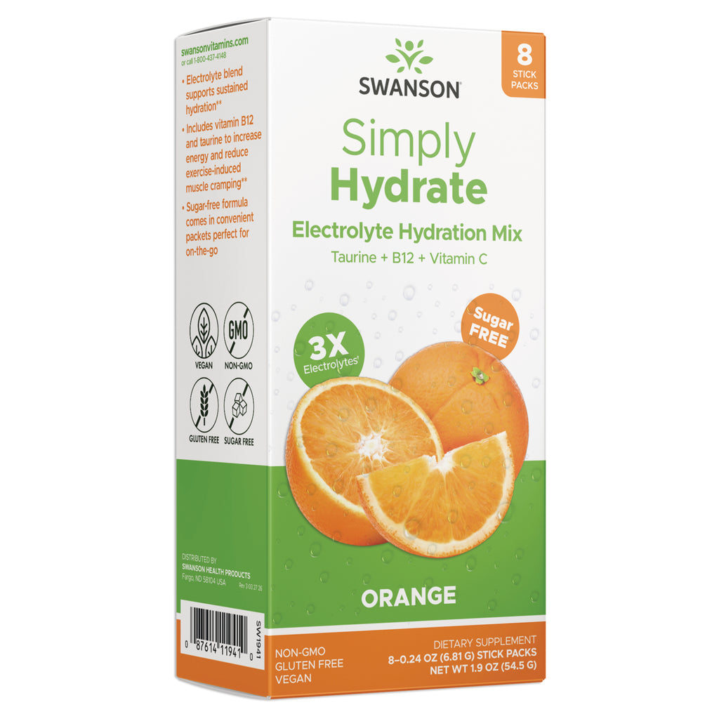 SW1941 | Swanson Simply Hydrate Electrolyte Hydration Mix, Orange flavor, 8 stick packs, sugar free, 3X electrolytes - Thumbnail