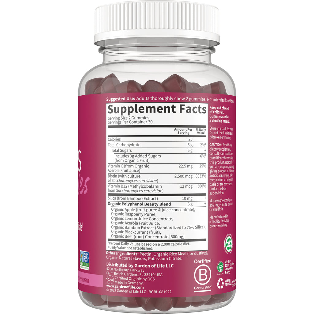 GLF348 | Back of pink supplement bottle showing Supplement Facts panel, serving size 2 gummies, and visible red gummies - Thumbnail