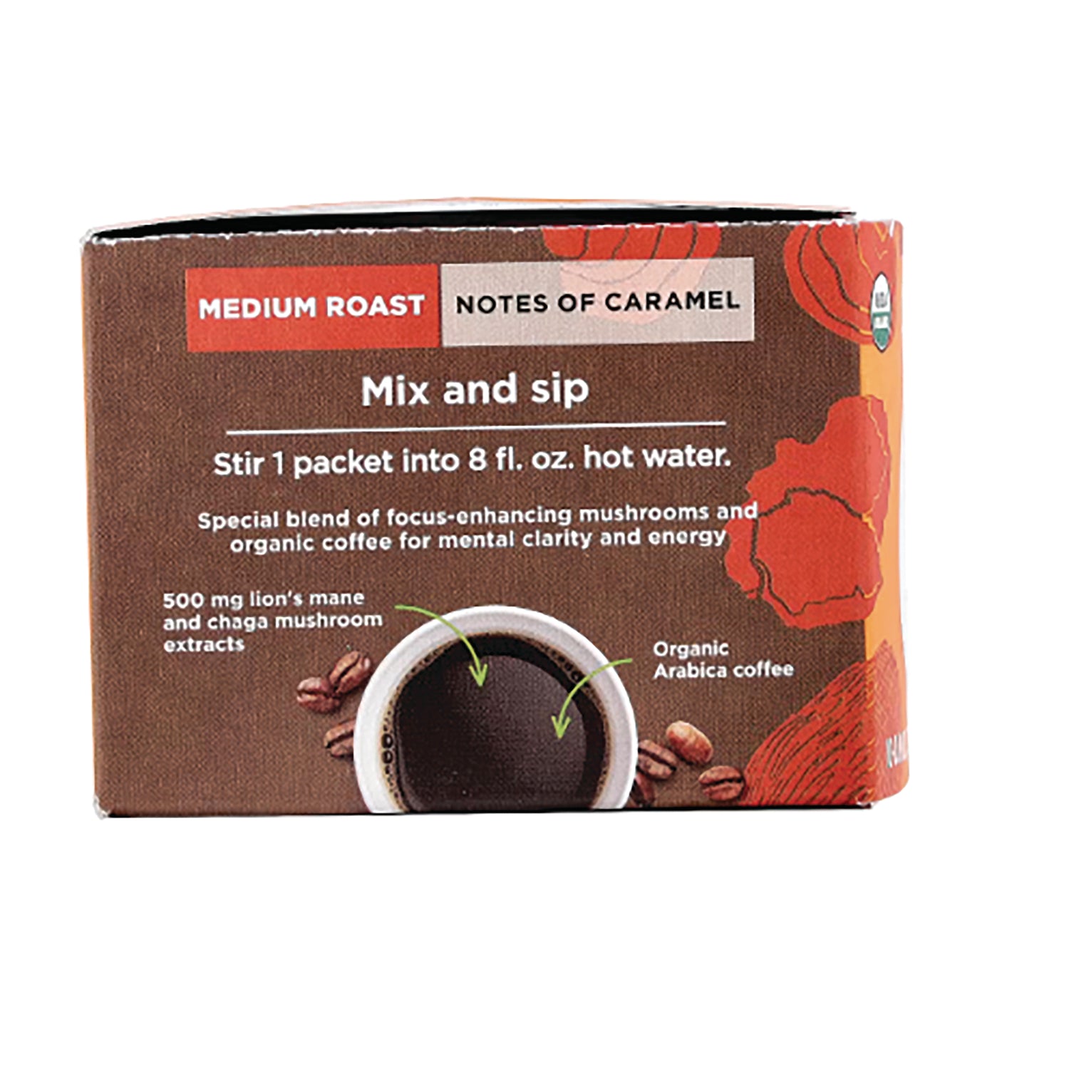 FSF008 | Product infographic panel showing Mix and sip instructions, medium roast notes of caramel, lion's mane and chaga extracts and a cup of coffee