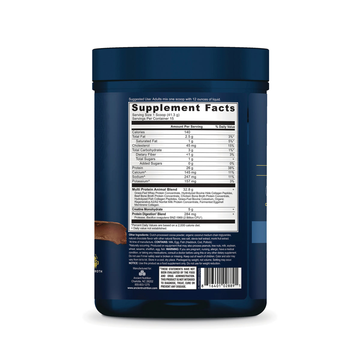 ATN152 | Back of blue supplement tub showing Supplement Facts and ingredients label