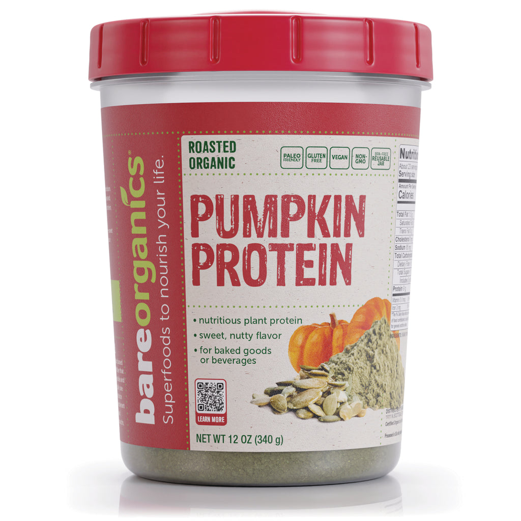 BOR068 | BareOrganics Pumpkin Protein powder 12 oz front label showing pumpkin and seeds - Thumbnail