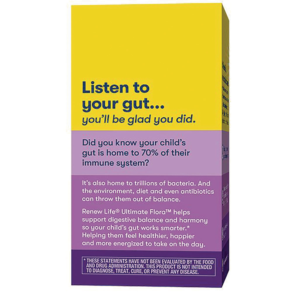 RNL205 | Back of yellow and purple children's probiotic box reading Listen to your gut... you'll be glad you did and product information - Thumbnail