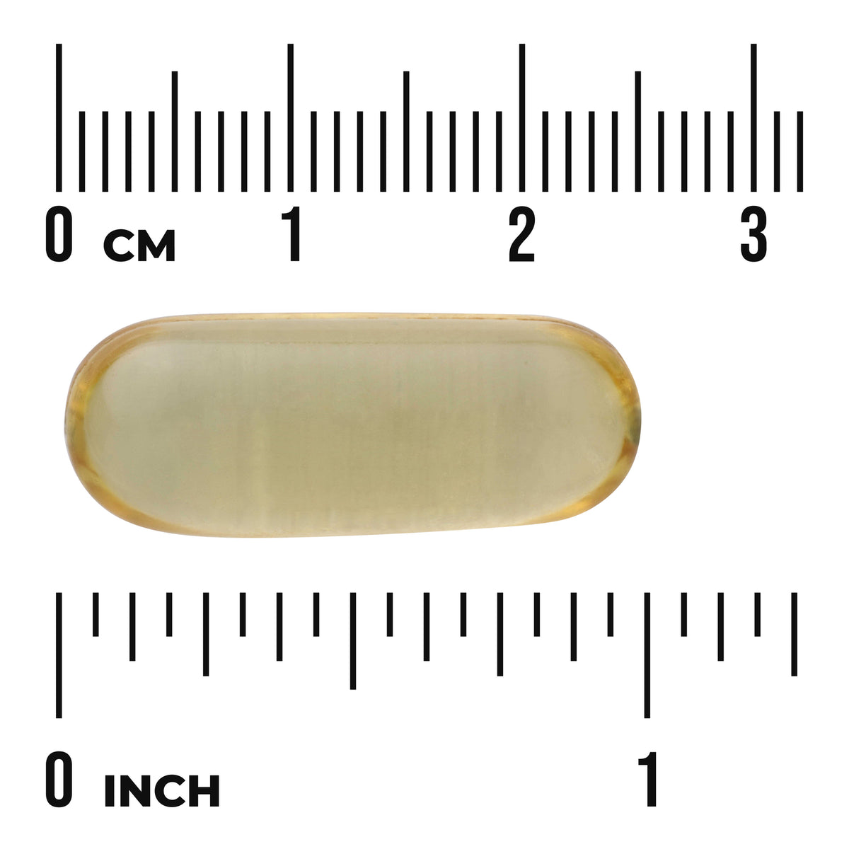 SW145 | Yellow oval softgel capsule on ruler scales showing centimeters and inches with visible "0 cm" and "0 inch" marks
