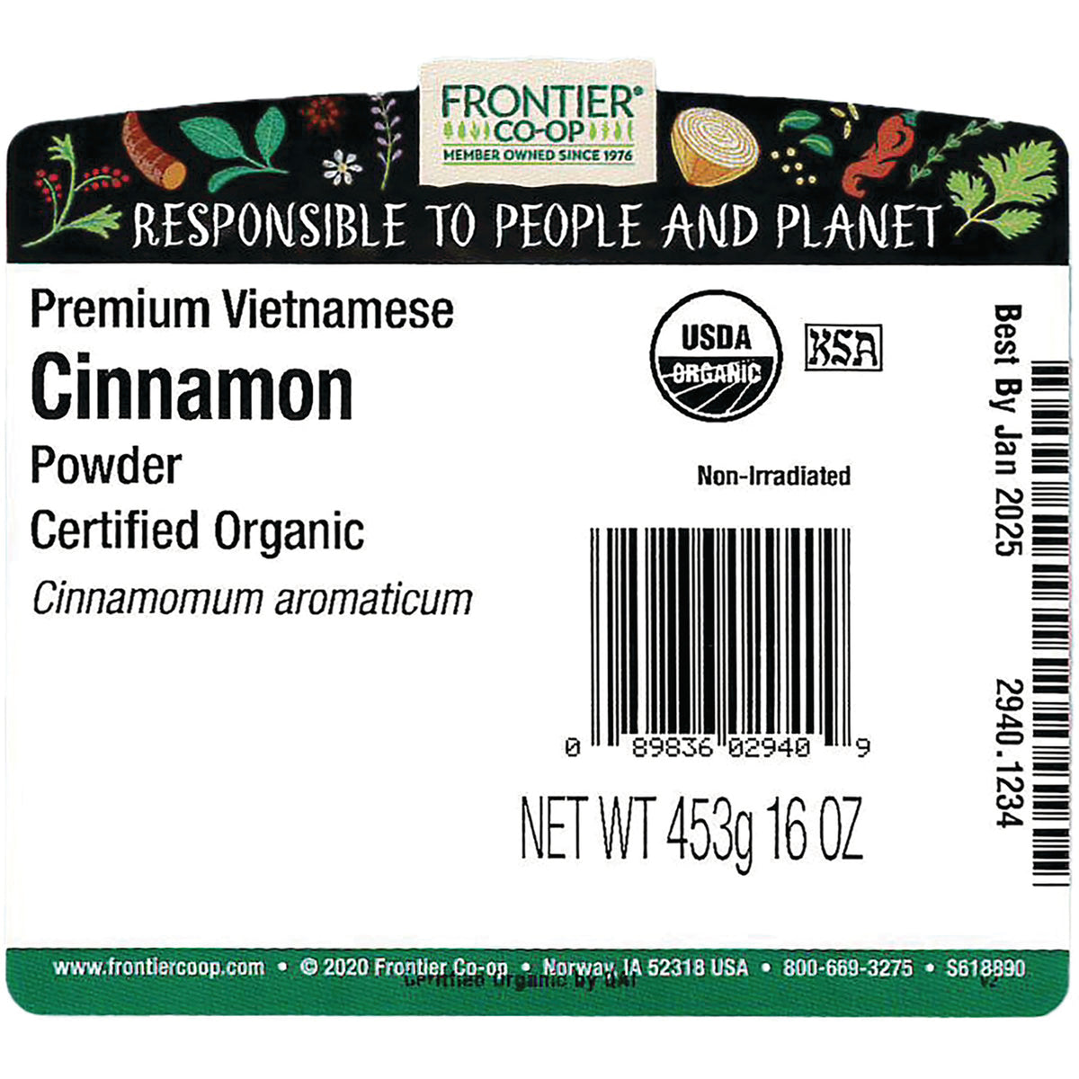 FNP022 | Back label: Frontier Co-op Premium Vietnamese Cinnamon powder, certified organic, barcode and NET WT 453g 16 OZ