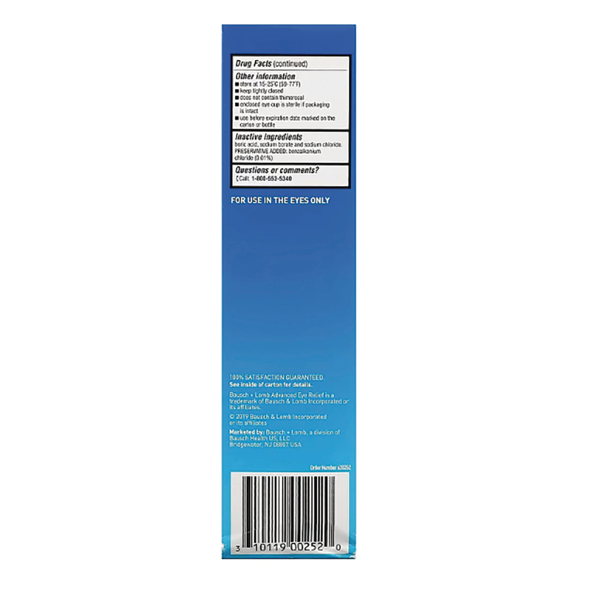 BNL004 | Back of blue product box showing drug facts panel, barcode, and visible text FOR USE IN THE EYES ONLY