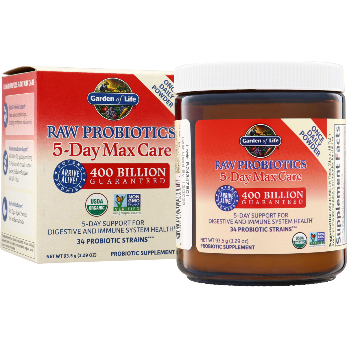 GLF155 | Garden of Life Raw Probiotics 5-Day Max Care powder, 400 billion guaranteed, 93.5 g