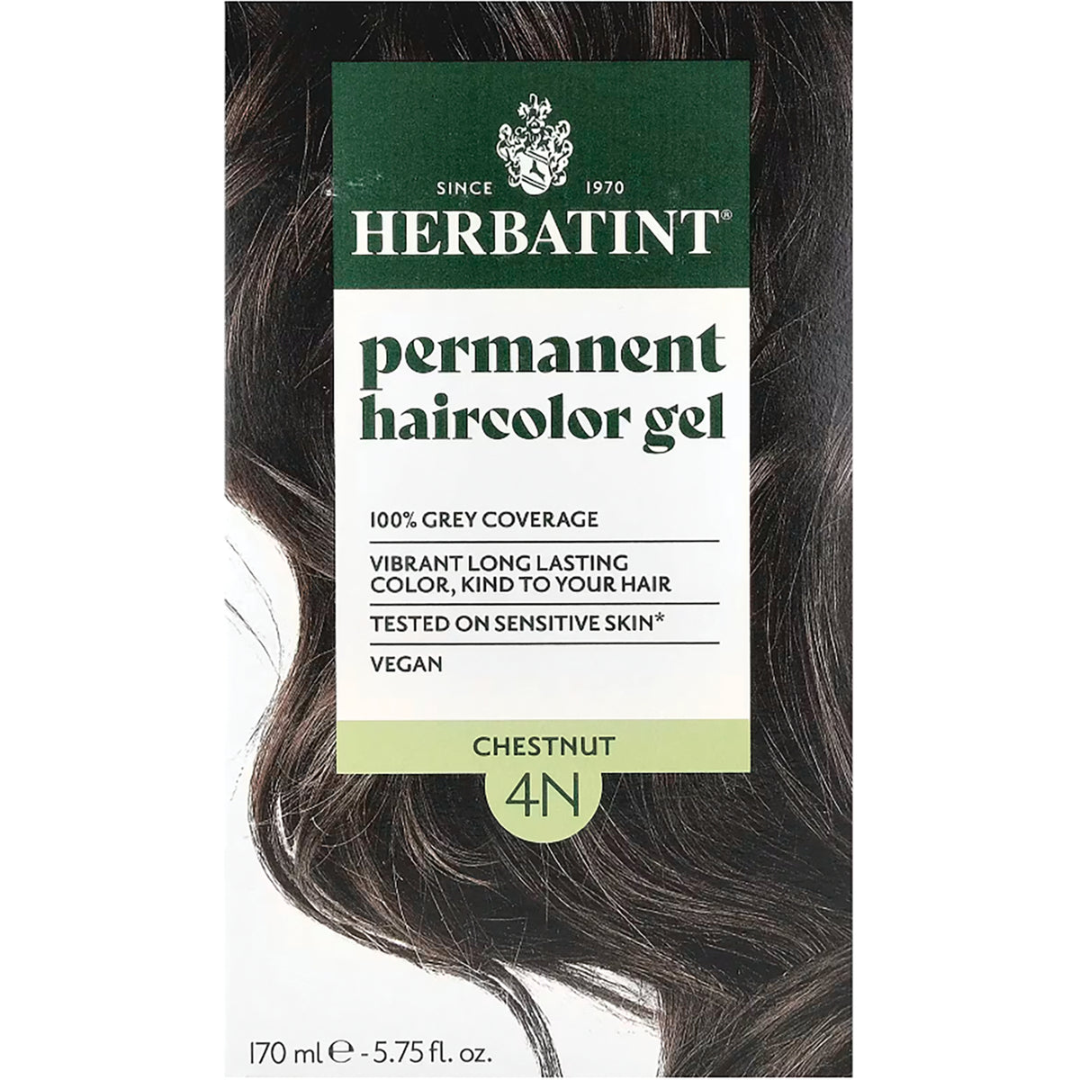 HBT002 | Herbatint permanent haircolor gel box front showing shade 4N Chestnut and model's hair