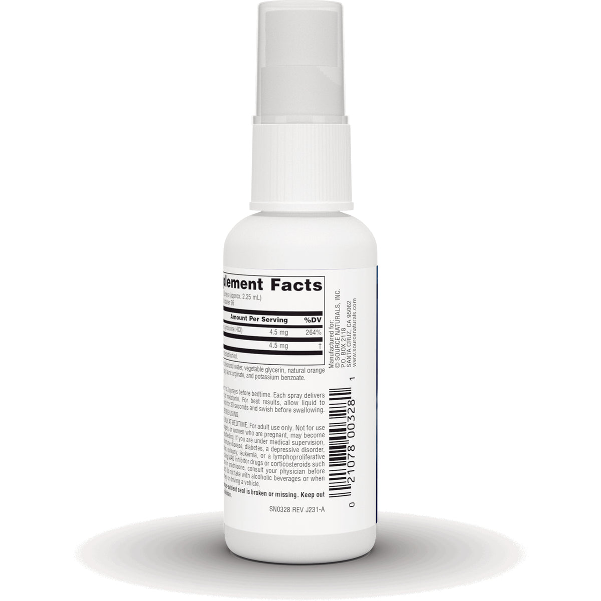 SN184 | Back label with Supplement Facts panel and barcode on white spray bottle