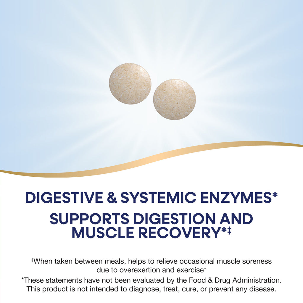 ET255 | Two beige tablets with text about digestive and systemic enzymes supporting digestion and muscle recovery - Thumbnail