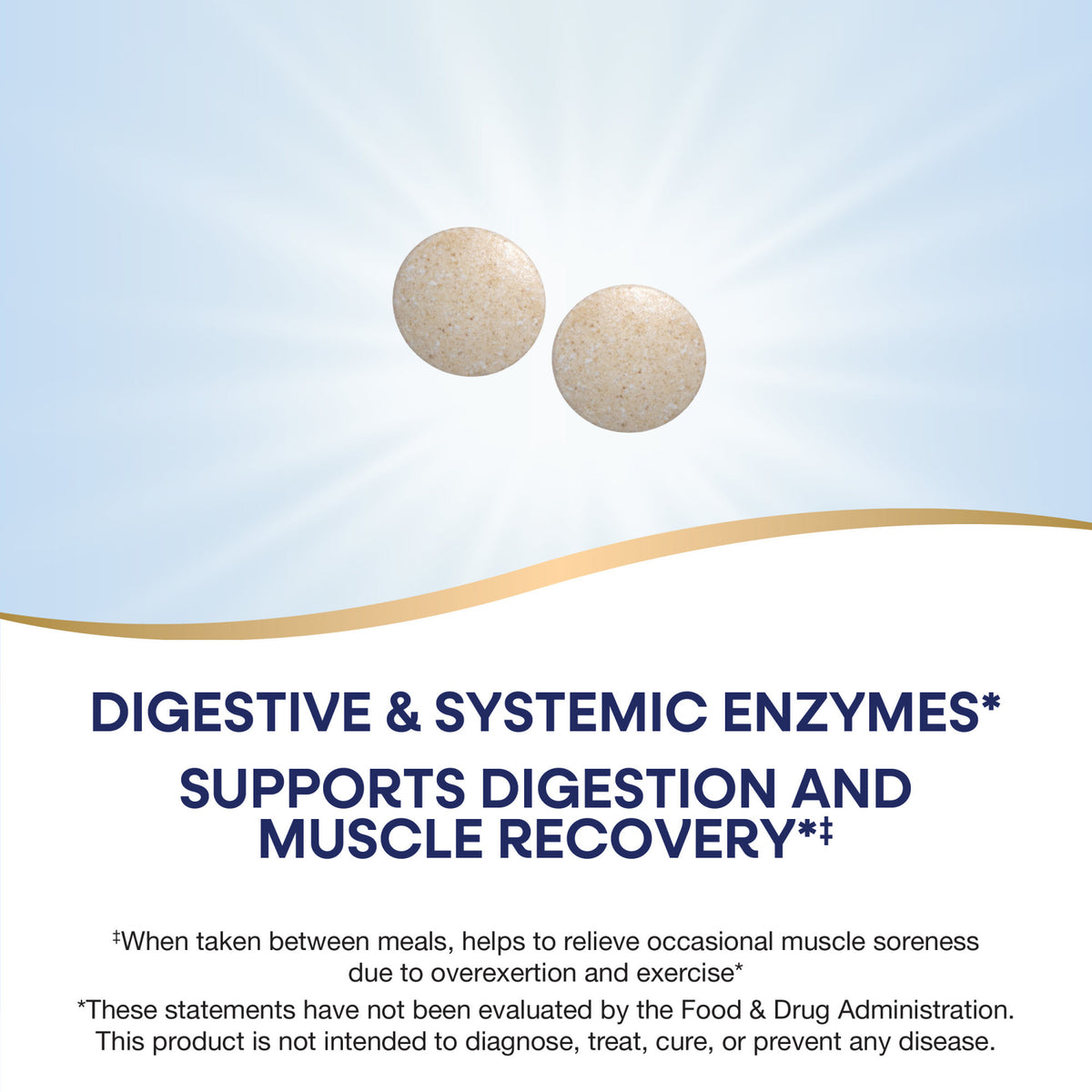 ET255 | Two beige tablets with text about digestive and systemic enzymes supporting digestion and muscle recovery
