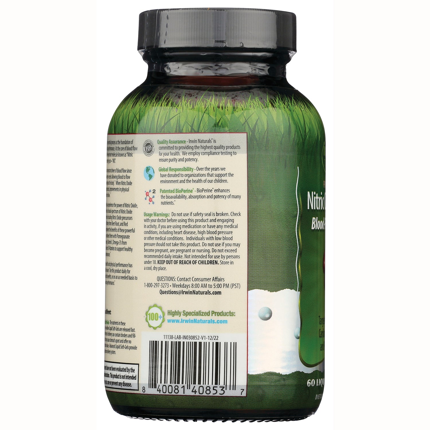 IR281 | Back label of green supplement bottle showing usage warnings, quality assurance panel, and barcode