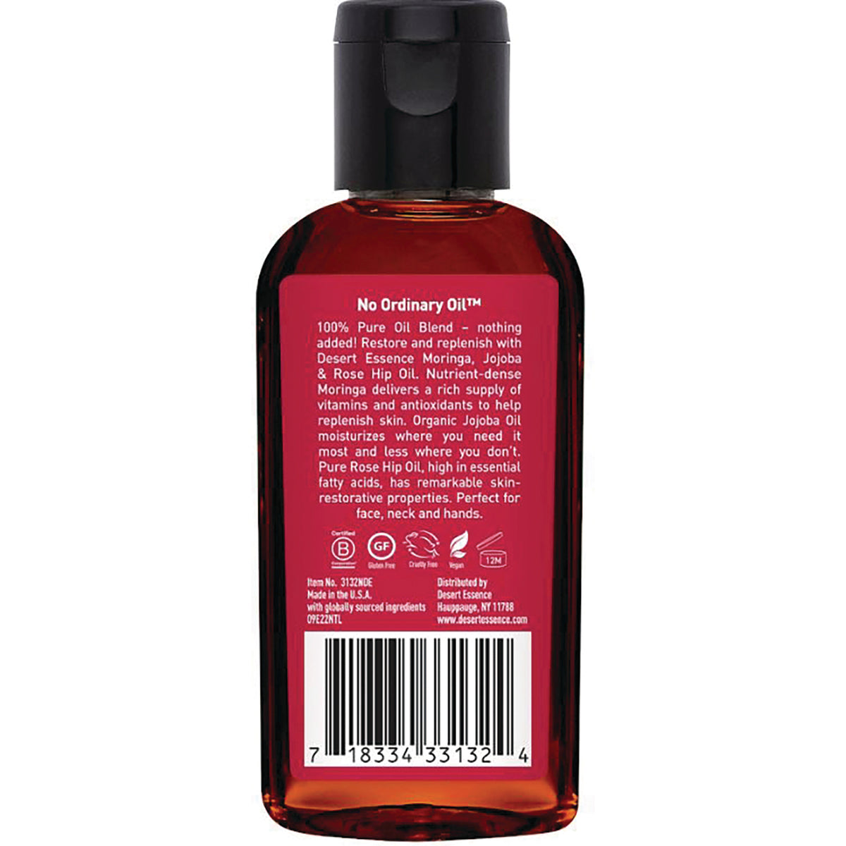DST137 | Back of amber bottle showing No Ordinary Oil label with ingredient text and barcode