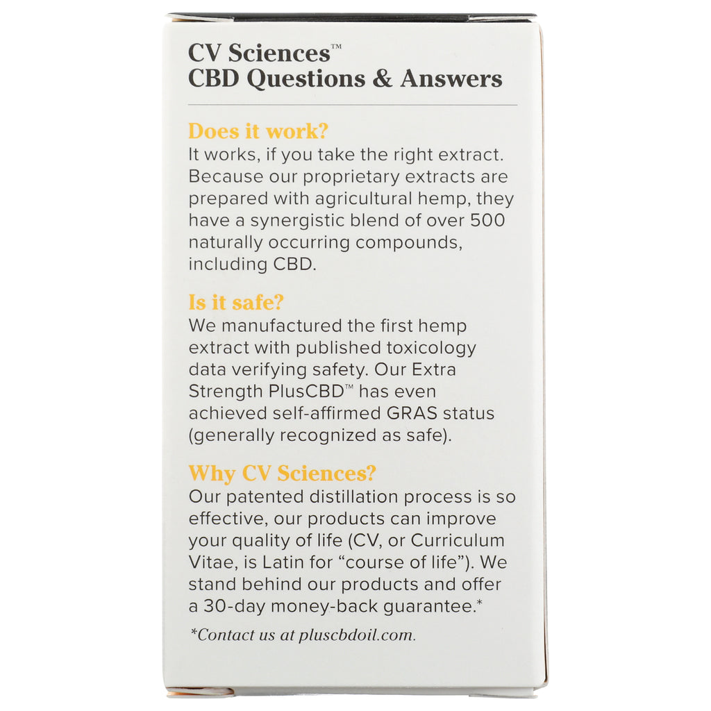 CV005 | back panel showing CBD Questions & Answers with sections titled Does it work? Is it safe? Why CV Sciences? - Thumbnail