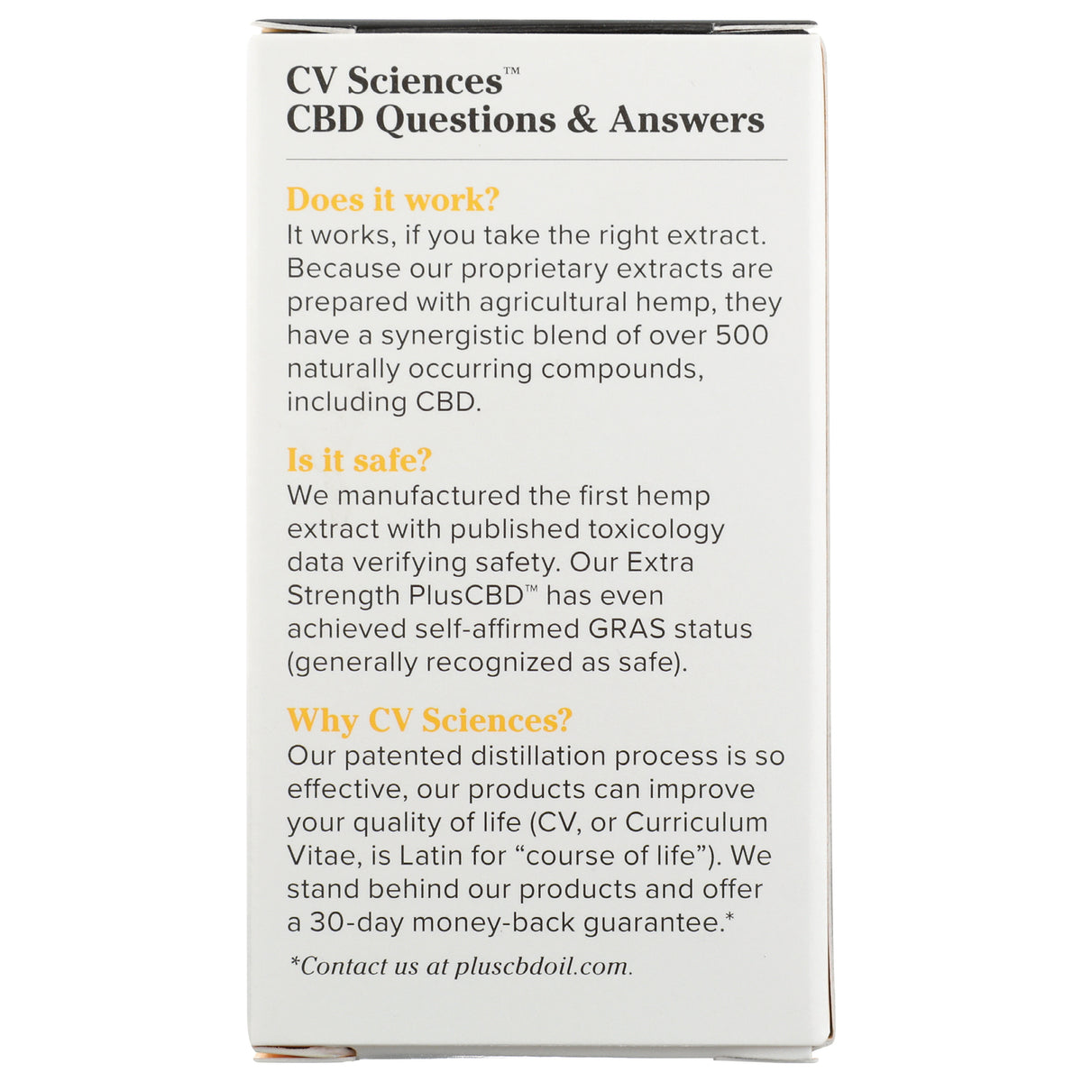 CV005 | back panel showing CBD Questions & Answers with sections titled Does it work? Is it safe? Why CV Sciences?